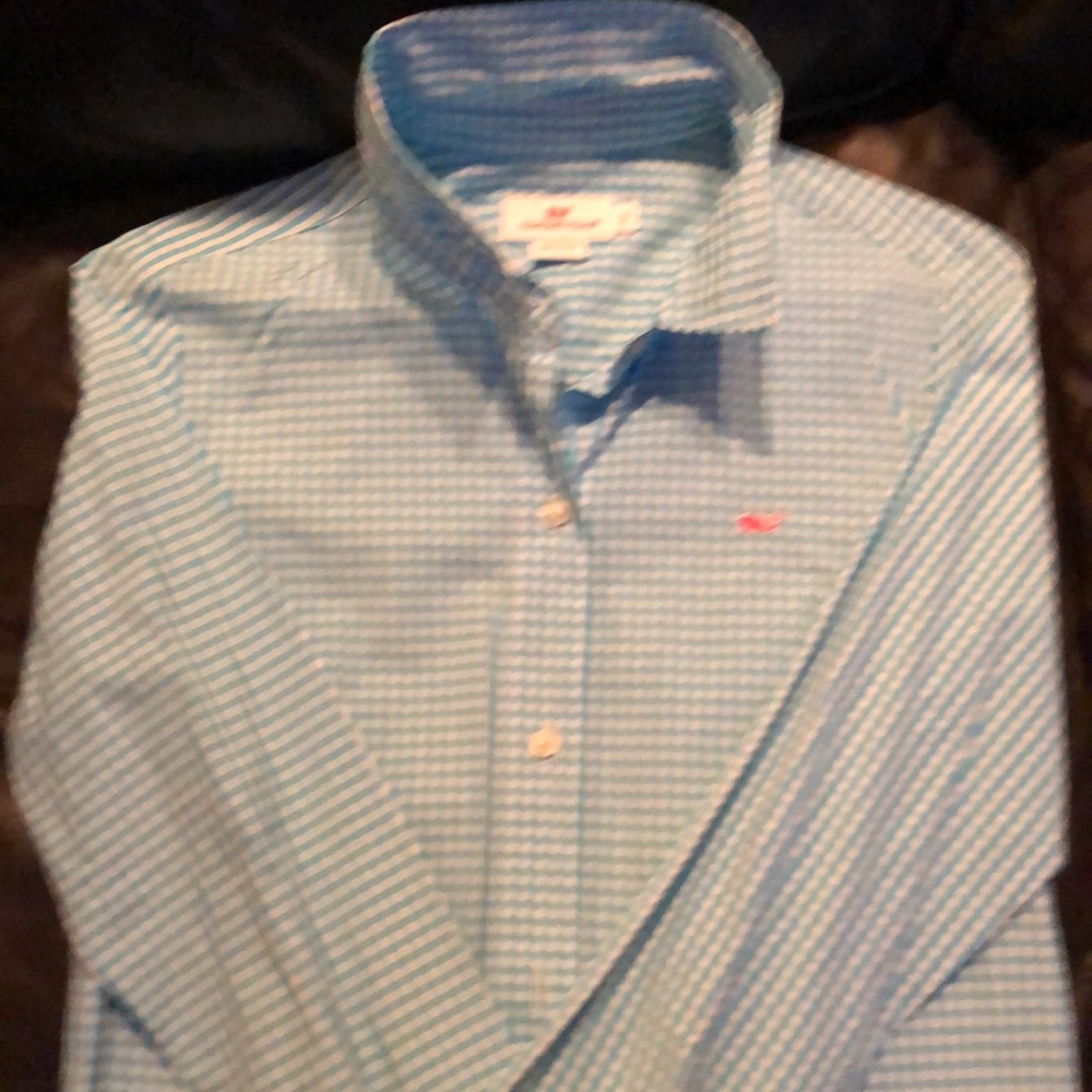 Ladies coral blue and white button down